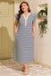 Blue Stripe Plus Size Contrast Trim Button V Neck Ruffle Sleeve Shift Dress
