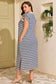 Blue Stripe Plus Size Contrast Trim Button V Neck Ruffle Sleeve Shift Dress