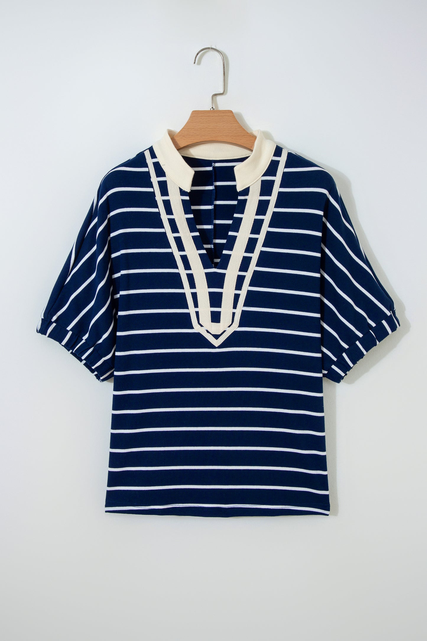 Black Stripe Stand Collar V Neck Elastic Cuffs Half Sleeve Dolman Top