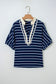 Black Stripe Stand Collar V Neck Elastic Cuffs Half Sleeve Dolman Top