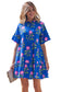 Blue V Neck Short Sleeve Loose Flower Dress