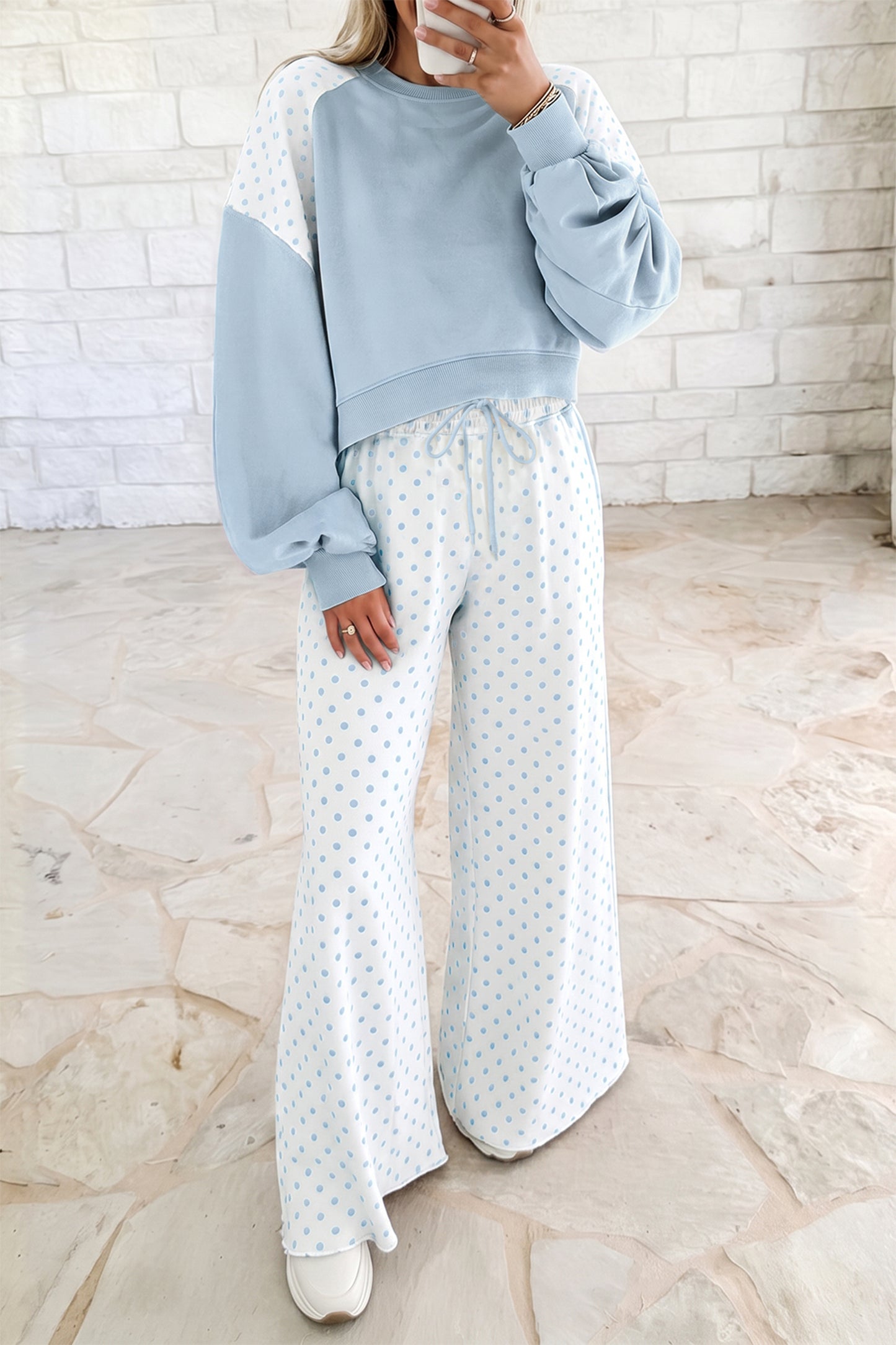 Pink Polka Dot Patchwork Colorblock Long Sleeve Casual Two Piece Pants Set