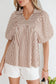 Brown Stripe Shirred V Neck Short Puff Sleeve Blouse