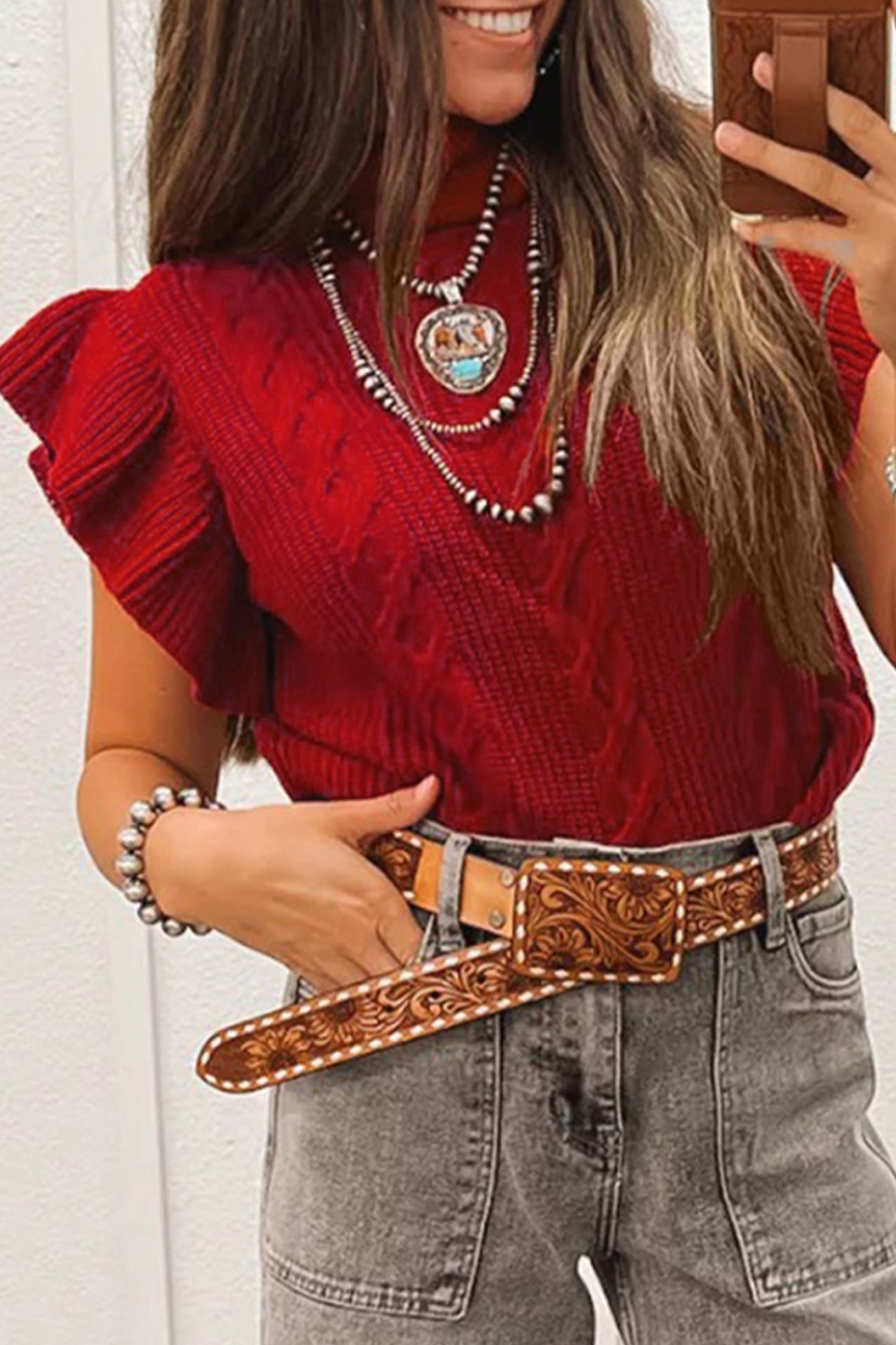 Jet Stream Cable Knit Turtleneck Ruffled Short Sleeve Sweater