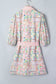 Pink Boho Floral Print Color Block Trim Half Button Belted Mini Dress