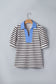 Black Stripe Short Puff Sleeve Color Block Polo Collar Blouse