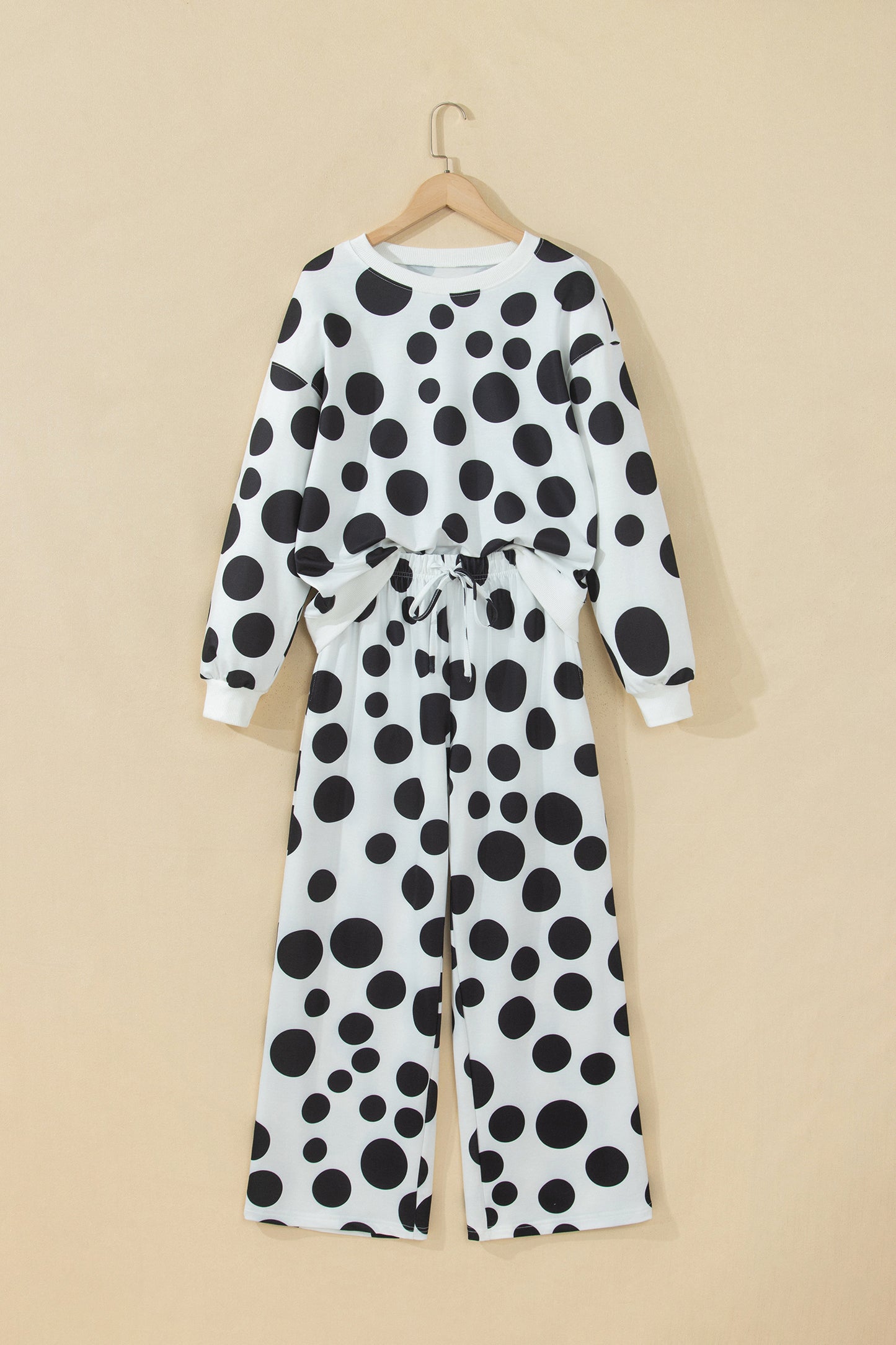 Khaki Polka Dot Long Sleeve Top Drawstring Relaxed Pants Set