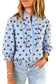 Fiery Red Polka Dot Striped Print Ruffle Stand Neck 3/4 Sleeve Shift Shirt