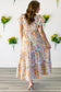 Orange Floral Bubble Sleeve V Neck Flared Maxi Dress