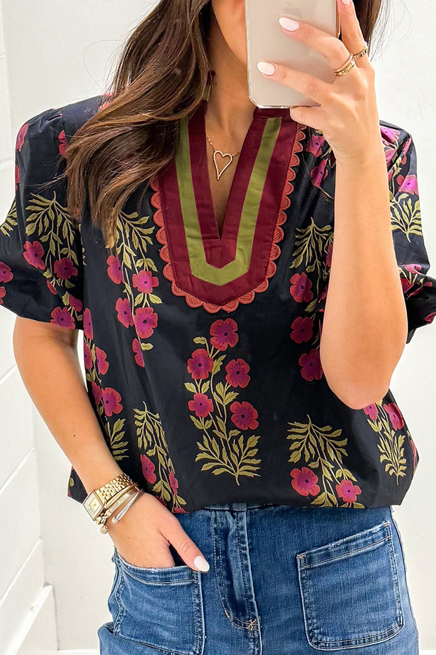 White Floral Short Bubble Sleeve Contrast Slit Neckline Blouse