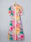 Pink Floral Print Striped Trim Button Down Short Sleeve Vacation Dress