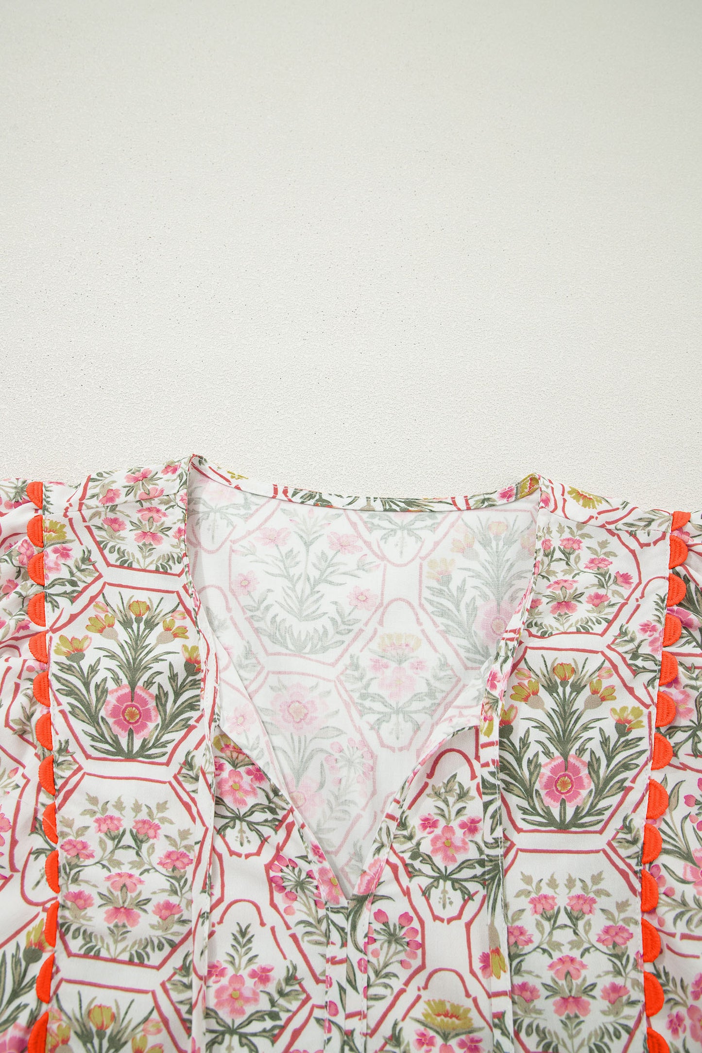 Pink Floral Print Tassel Tie V Neck Scalloped Detail Loose Mini Dress