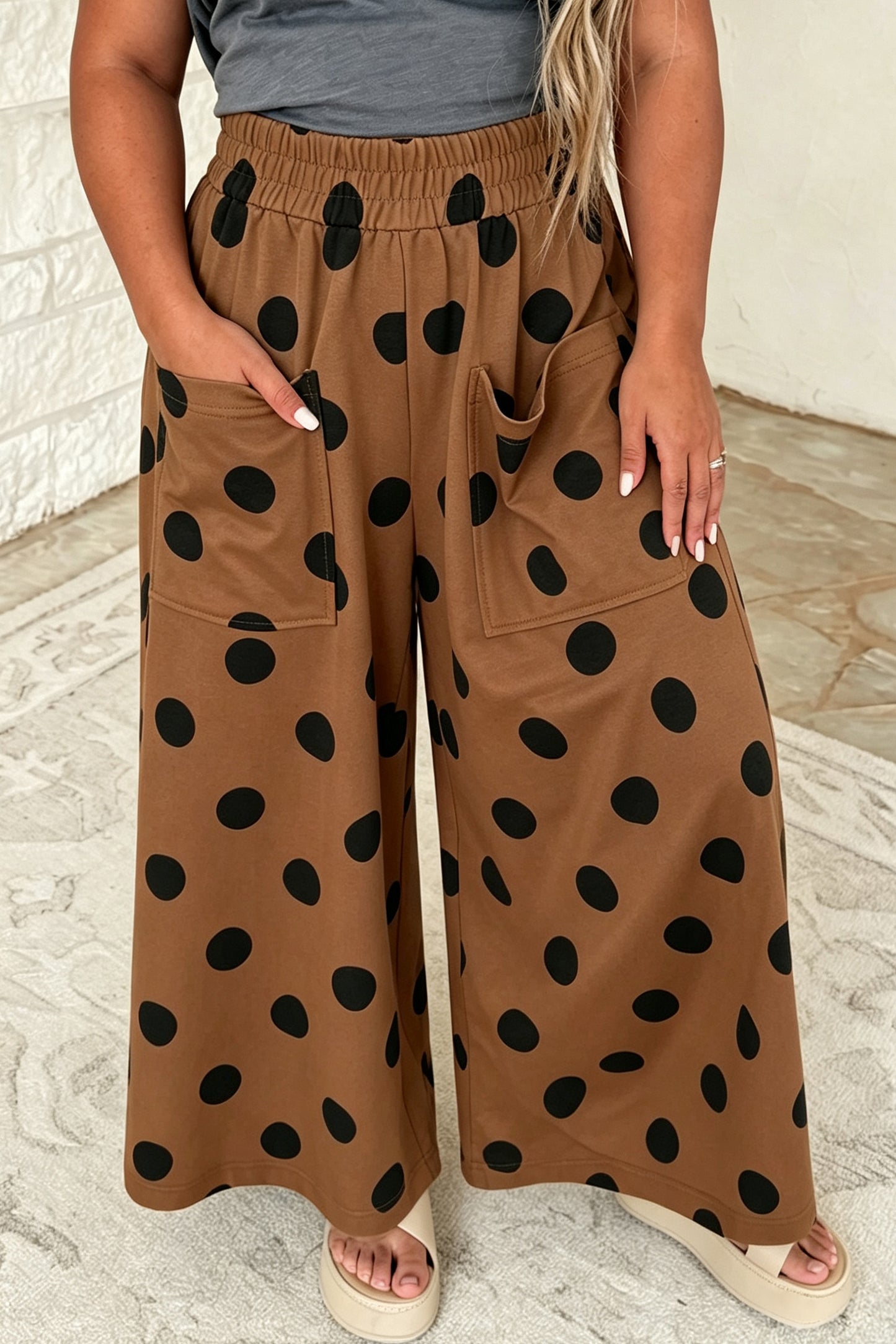 Brown Polka Dot Elastic Waist Wide Leg Plus Size Pants