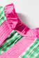 Green Gingham Plaid Bubble Sleeve Colorblock Trim V Neck Blouse