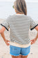 Black Stripe Scallop Lace Trim Ruffle Short Sleeves Crewneck Top