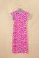 Pink Floral Print Color Block Patchwork V Neck Short Sleeve Midi Dress