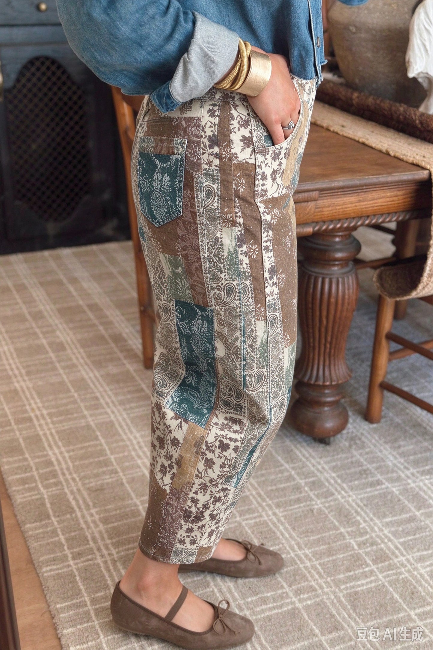 Multicolour Boho Floral Patchwork Western Print Straight Leg Ankle-Length Jeans
