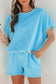 Green Solid Color Puffy Loose Top Drawstring Shorts 2pcs Outfit