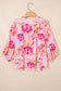 Pink Floral Print Tie Neck Puffy Half Sleeve Blouse