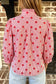 Fiery Red Polka Dot Striped Print Ruffle Stand Neck 3/4 Sleeve Shift Shirt