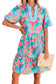 Multicolour Floral Print Contrast Scallop Striped Trim V Neck Dress