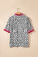Gray Ruffled Trim V Neck Leopard Print Short Sleeve Blouse