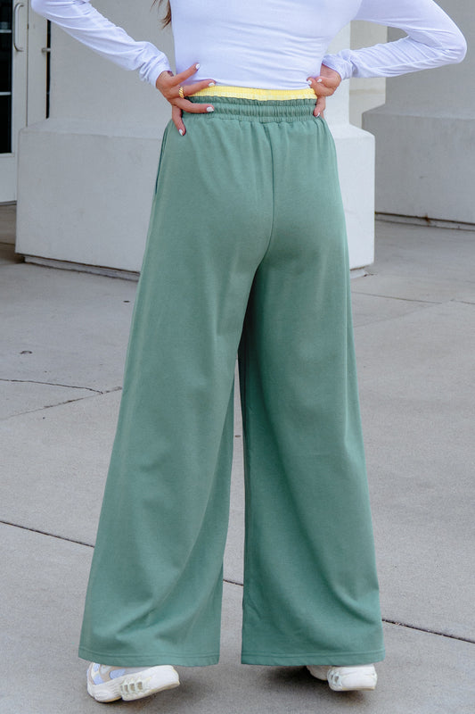 Sea Green Color Block Flower Patchwork Drawstring Contrasted Elastic Waist Wide Leg Pants