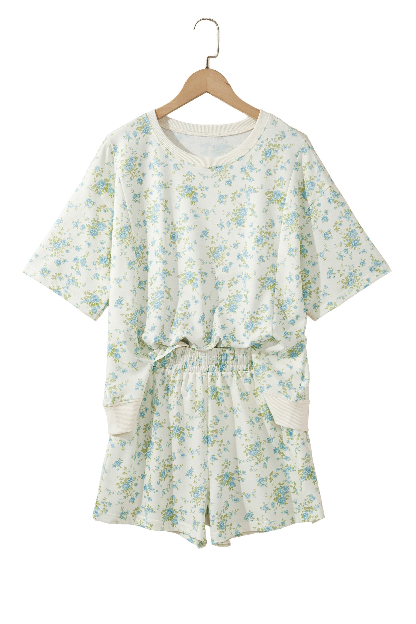 Sky Blue Floral Print Short Sleeve Elastic Waist Pocket Casual Two Piece Short Sets