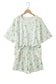 Sky Blue Floral Print Short Sleeve Elastic Waist Pocket Casual Two Piece Short Sets
