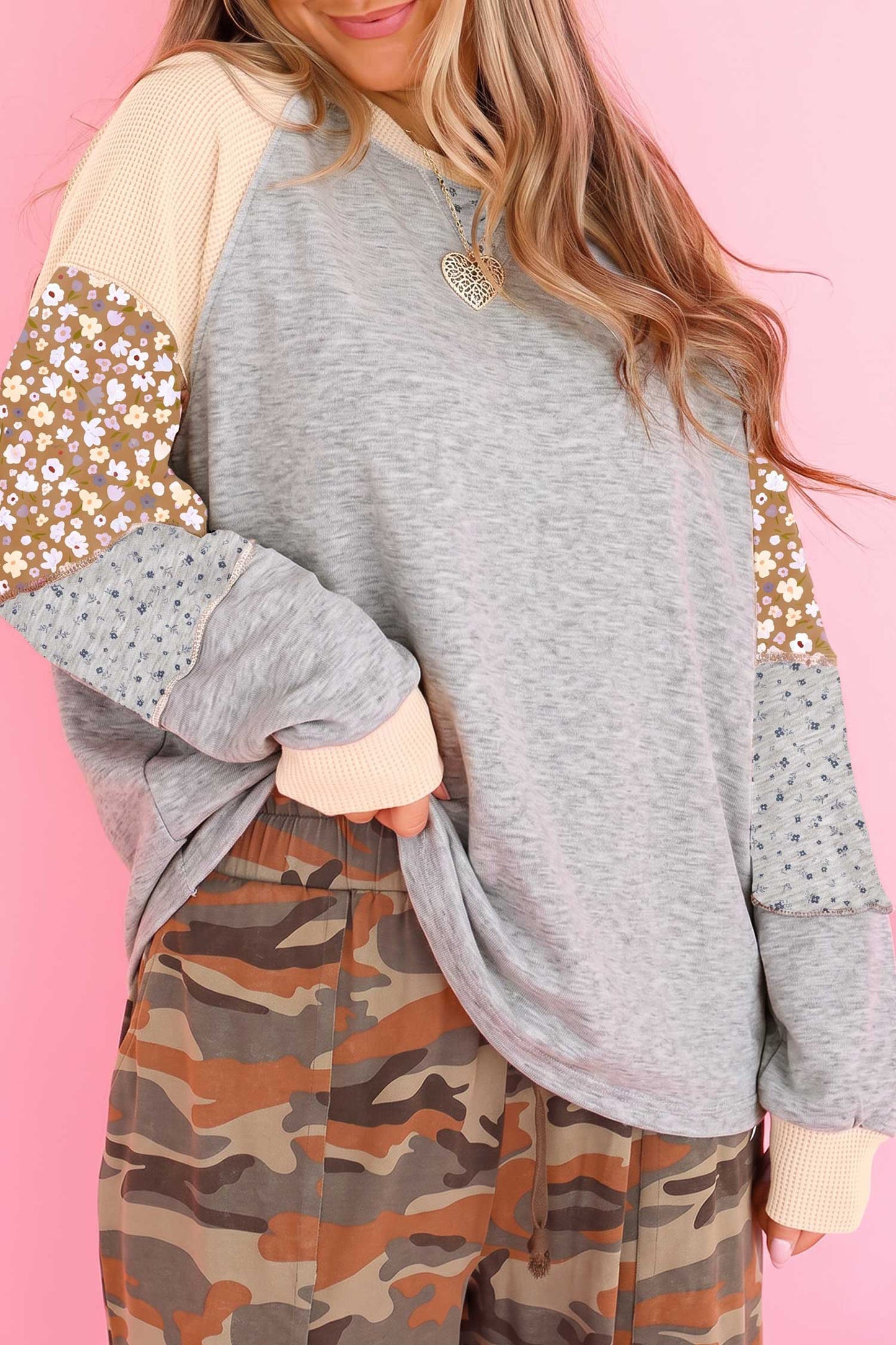 Apricot Pink Color Block Floral Waffle Mixed Patchwork Long Sleeve Top