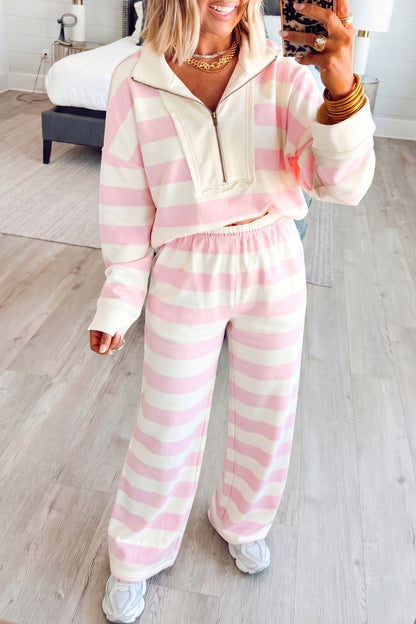 Pink Stripe Color Block Patchwork Zip Long Sleeve Top Elastic Waist Pants Set