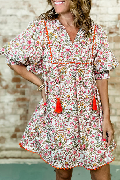 Pink Floral Print Tassel Tie V Neck Scalloped Detail Loose Mini Dress