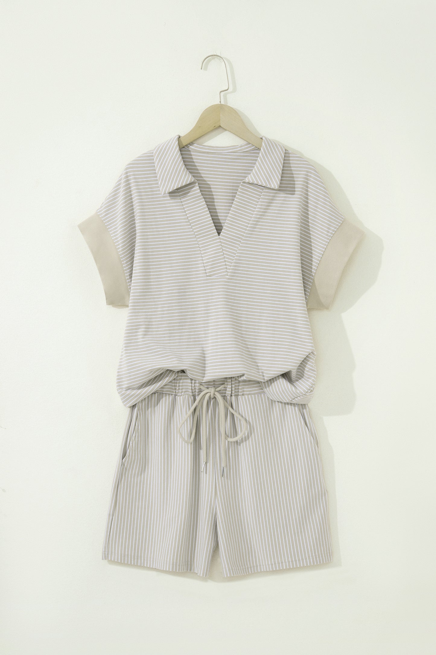 Purple Stripe Dolman Sleeve Polo Shirt and Drawstring Shorts Set