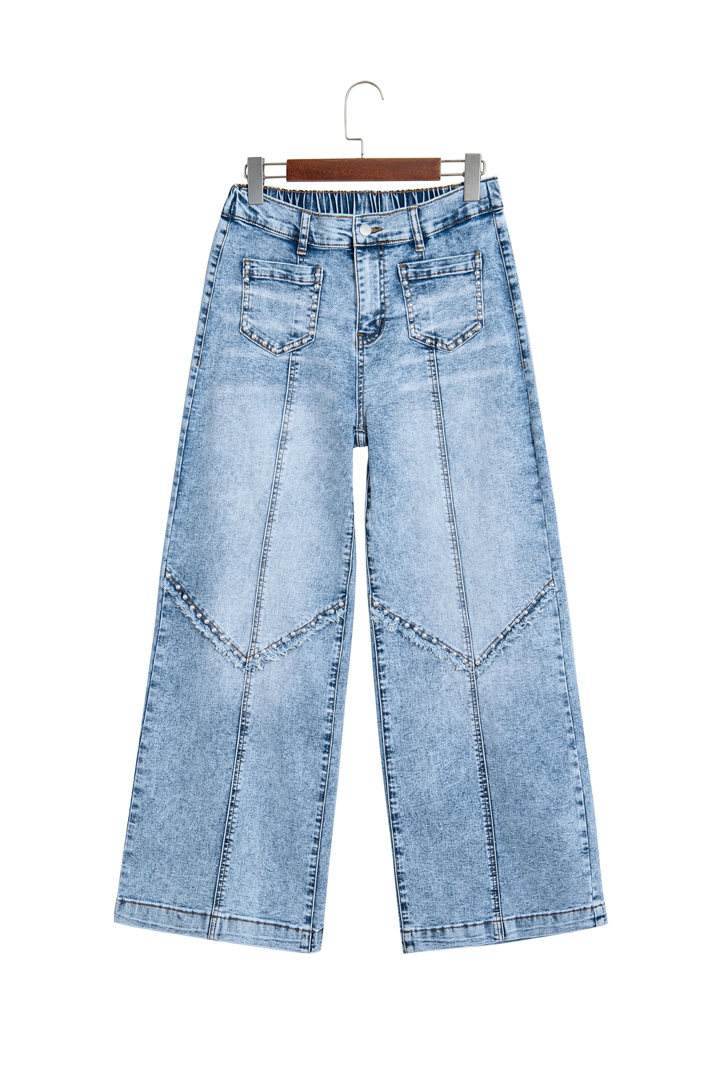 Beau Blue Frayed Studded Detail Wide Leg Pocketed Jeans