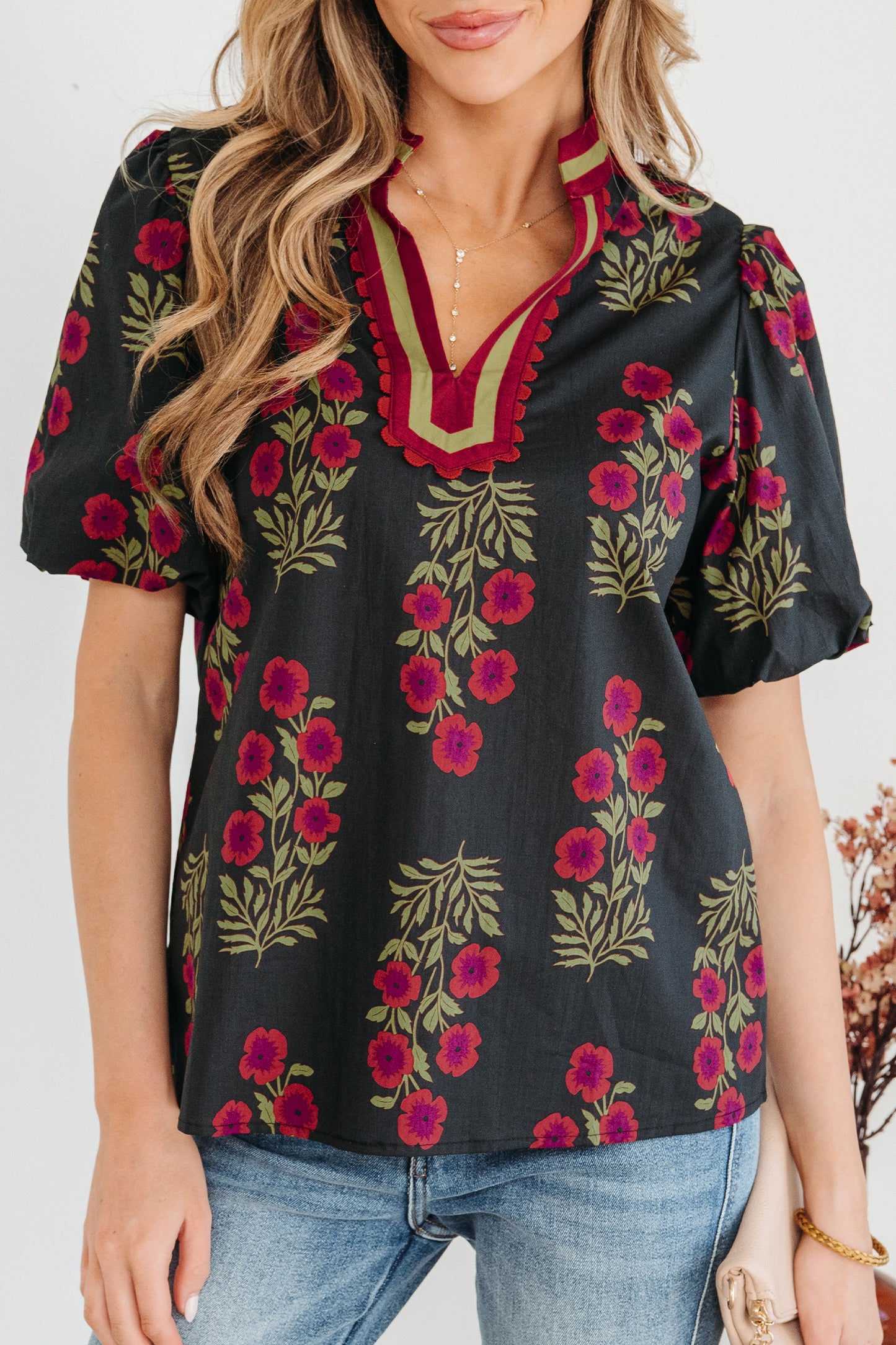White Floral Short Bubble Sleeve Contrast Slit Neckline Blouse