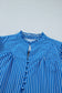 Blue Stripe Ruffled Short Puff Sleeve Button Front Blouse