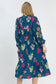 Blue Floral Print Gathered Neckline 7/8 Sleeve Casual Midi Dress