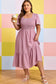 Pink Plus Size Swiss Dot Short Sleeve Smocked High Waist Flowy Midi Dress