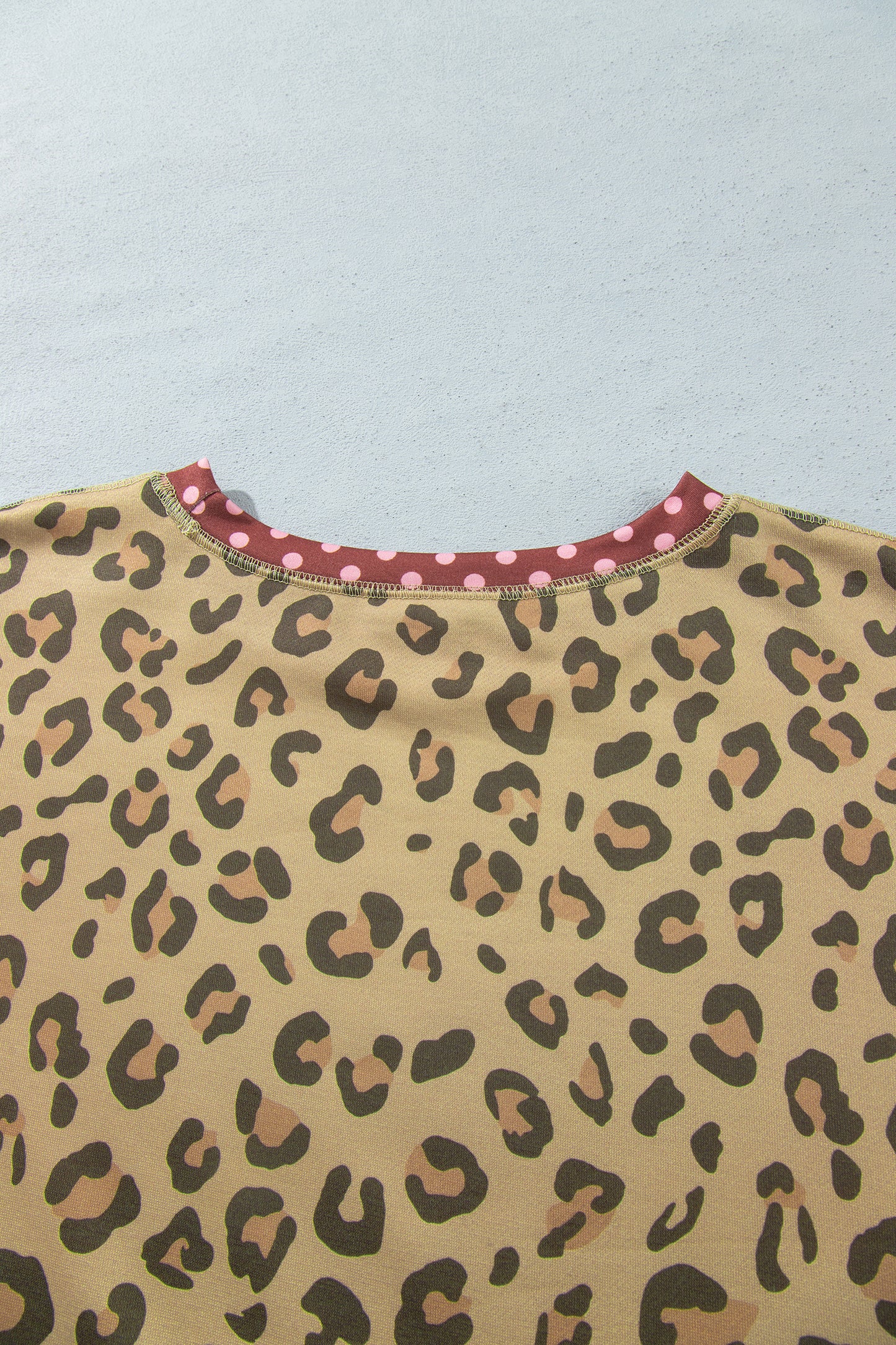 Brown Plus Size Leopard Print Contrast Polka Dot Trim Long Sleeve Top