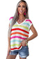 Multicolour Striped Eyelet Knit V Neck Sweater Tee