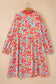 Pink Plus Size Button V Neck Leopard Print Puff Sleeve Loose Mini Dress