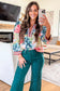 Sky Blue Contrast Trim V Neck Cuffed Bracelet Sleeve Floral Blouse