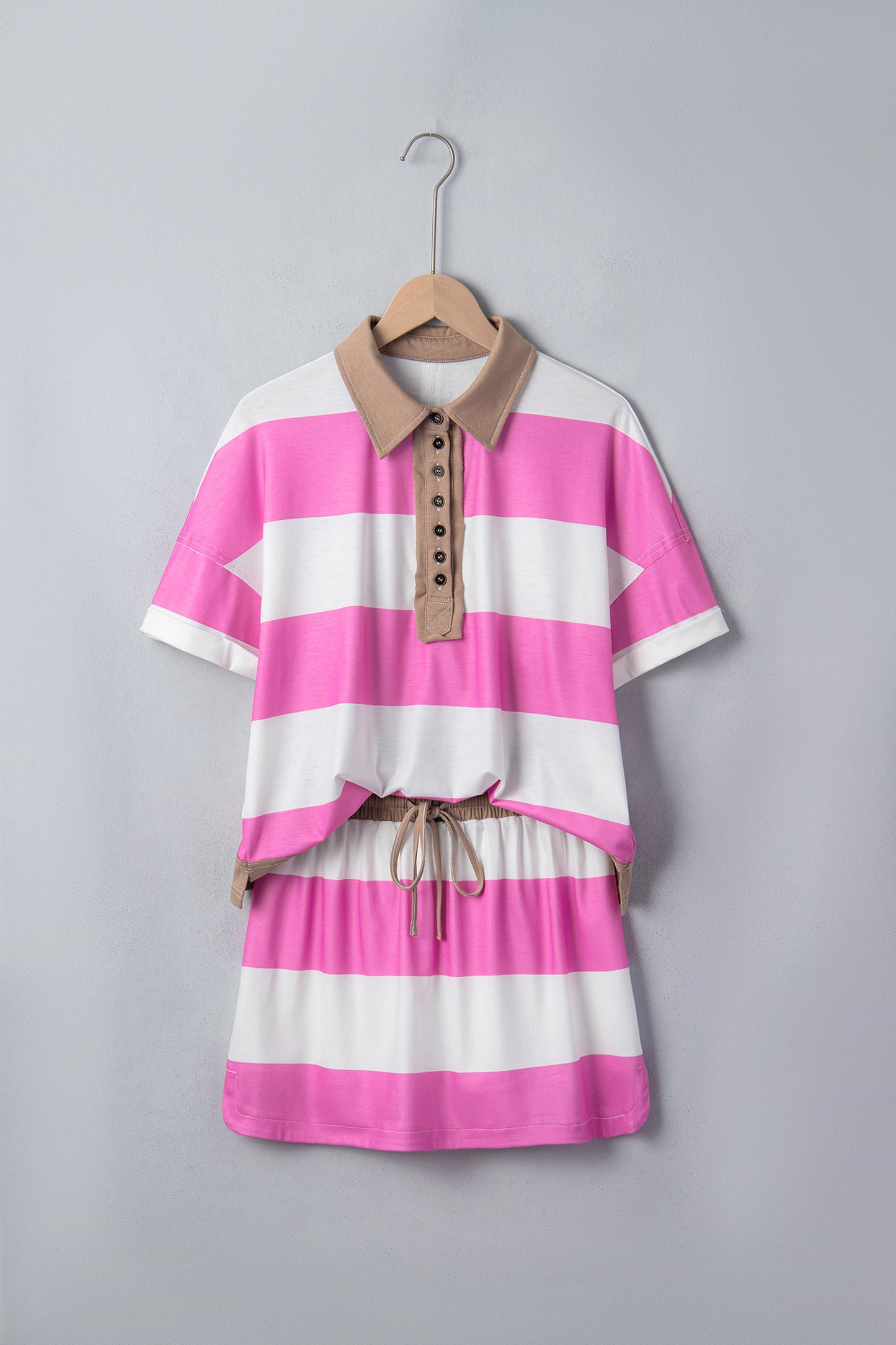 Rose Stripe Colorblock Trim Polo Tee Drawstring Mini Skirt 2pcs Set