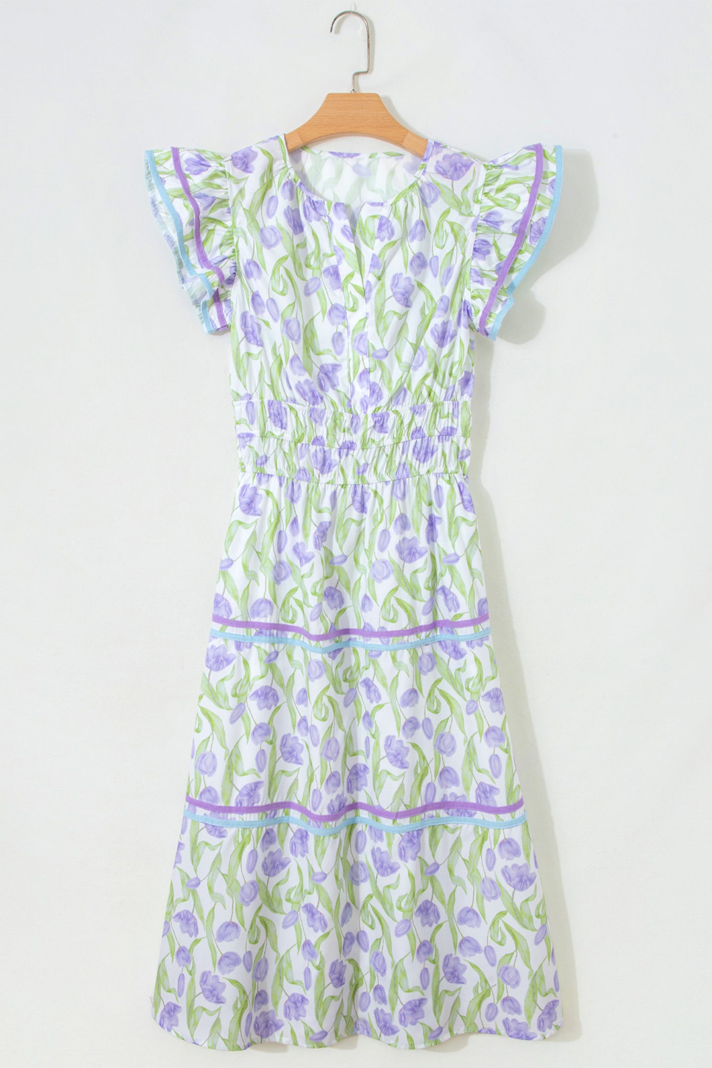 Purple Tulip Floral Print Contrast Trim Midi Dress