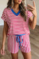 Red Stripe Colorblock Trim V Neck Tee Drawstring Elastic Waist Short Set