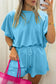 Green Solid Color Puffy Loose Top Drawstring Shorts 2pcs Outfit