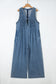 Dusk Blue Acid Wash Pintuck Tie V Neck Denim Wide Leg Jumpsuit