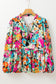 Multicolour Floral Print Bubble Sleeve V Neck Ruffled Blouse