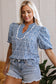 Blue Floral Striped Print Contrast Ric-rac Puff Sleeve Top