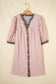Pink Stripe Square Button Leopard Trim Loose Bracelet Sleeve Shirt Dress